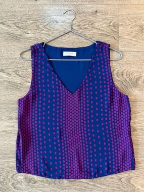 Babaton Navy V-Neck Polka Dot Top with Magenta Dots